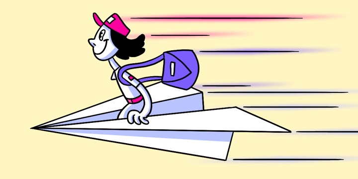 Cartoon girl flying on paper airplane