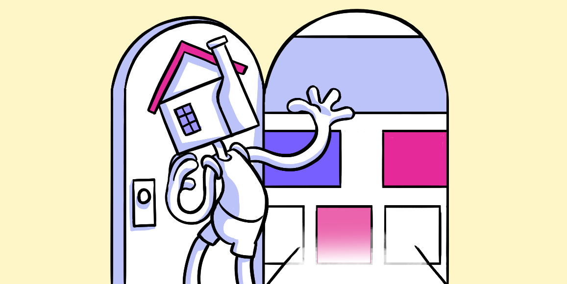 person with house for head walking through front door