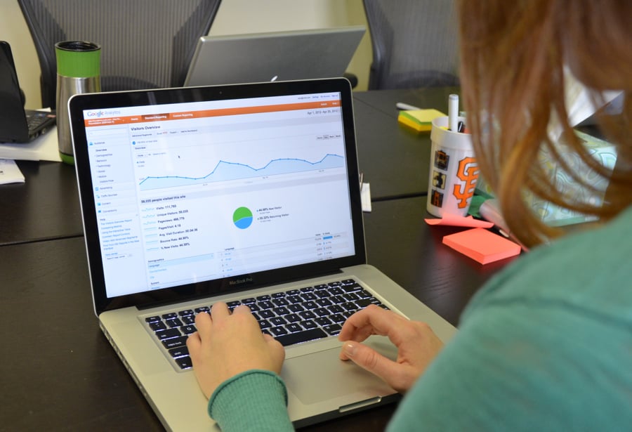 Analyzing a google analytics page on a mac book pro laptop.
