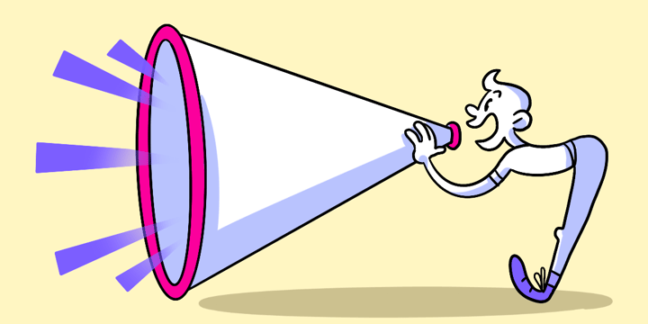 An illustration of a man shouting demonstrating a call to action on a webpage.
