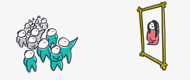 A sketching showing composition with the Mona Lisa and a crowd.