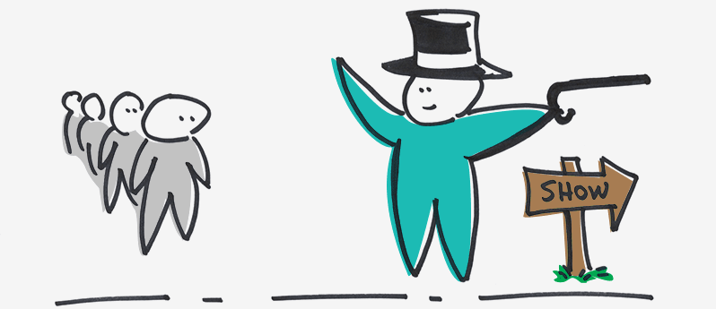 Illustration of a man calling to action a group of people.