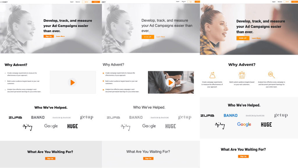 Three variations of the Advent landing page and visuals. 