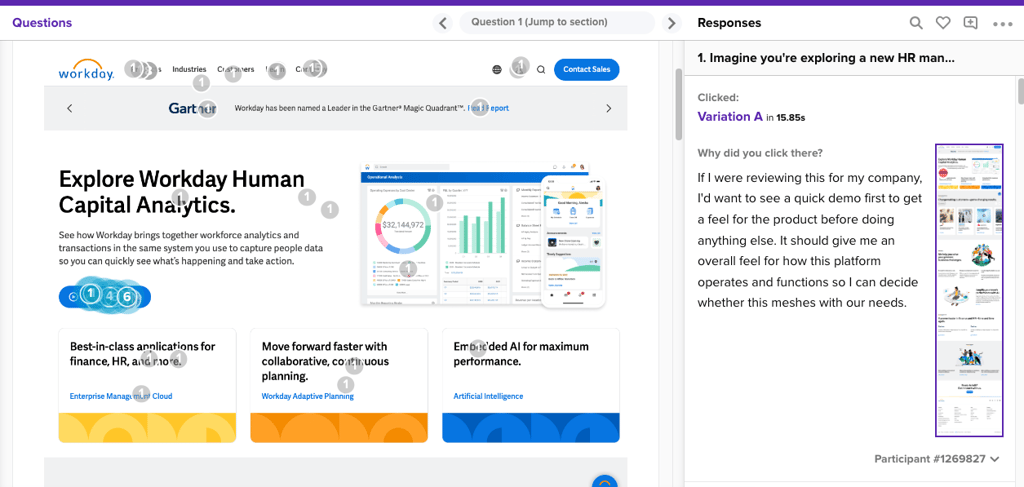 A click test showed 44% of visitors gravitated towards Workday's primary blue CTA button below the fold on the hompeage.