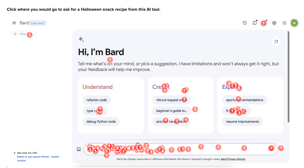 Conversational UI click test results from the Google Bard test.