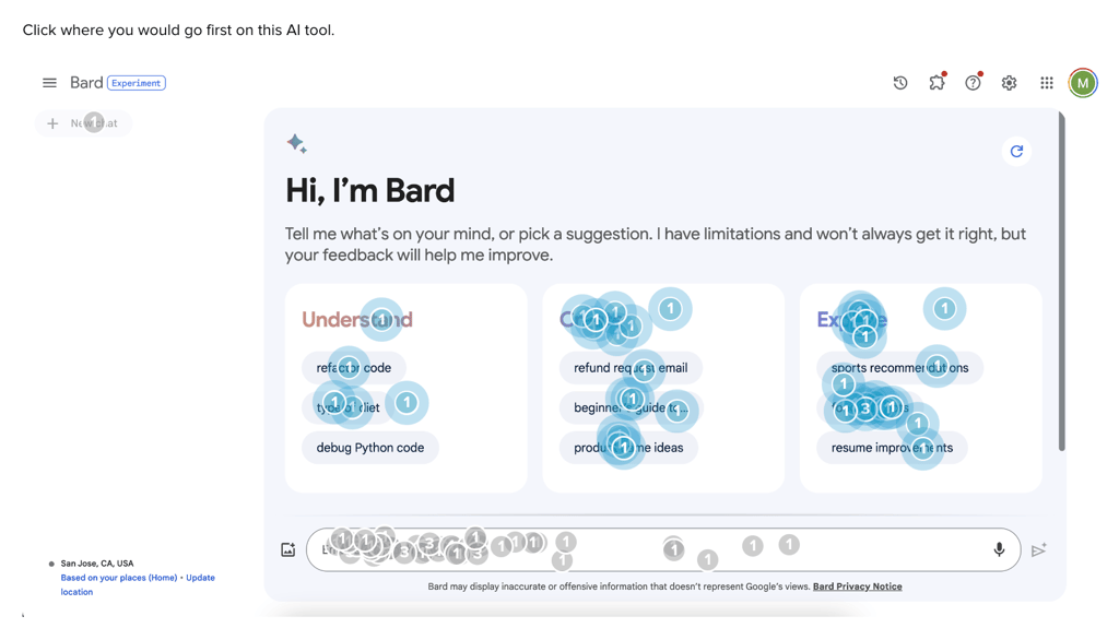 click test results for a conversational ui test of Google Bard