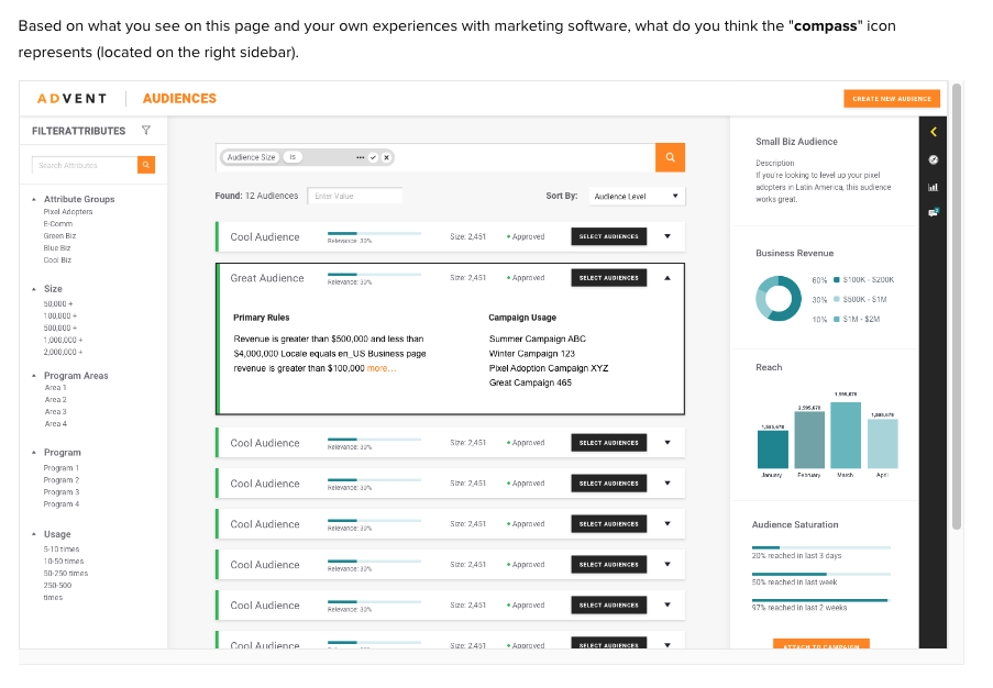advent campaign measurement dashboard. users were prompted to locate the compass icon and describe what they think it means