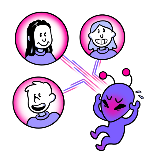 research panel illustration of an alien thinking of people