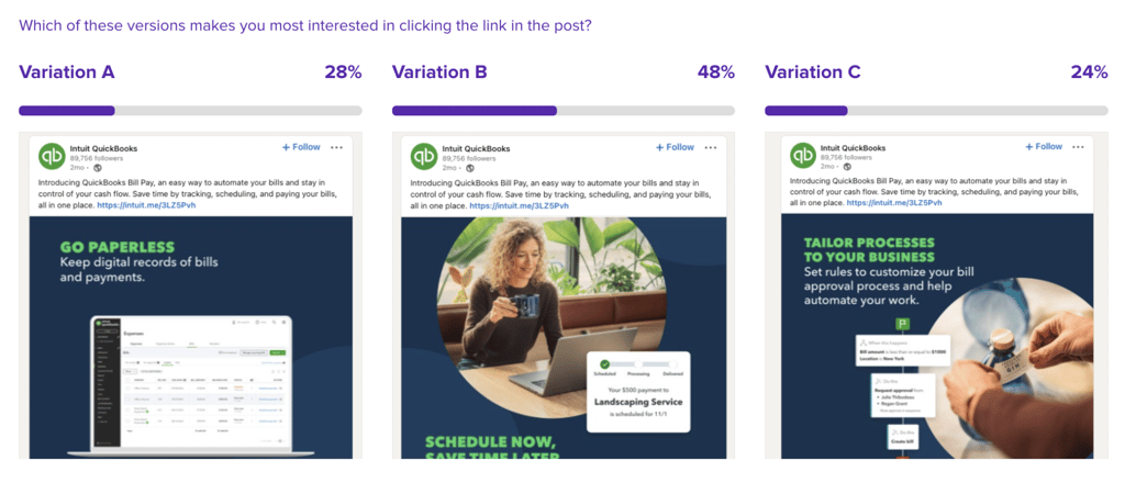 Growth loop example showing three variations of a LinkedIn ad for Quickbooks with the question, "Which of these variations makes you most interested in clicking the link in the post?"
