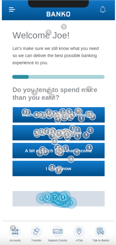 user motivation example: click test results from survey screen, isolating users who opted to skip the survey to better understand why
