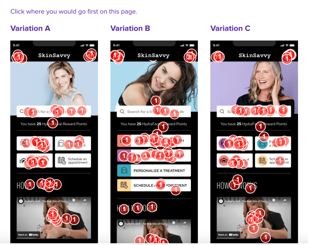 Click test results for UXR performed for SkinSavvy
