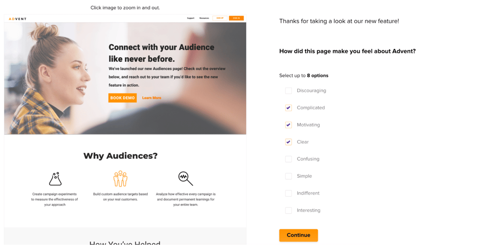 Learn how successful this page is at eliciting the right emotions from visitors. 