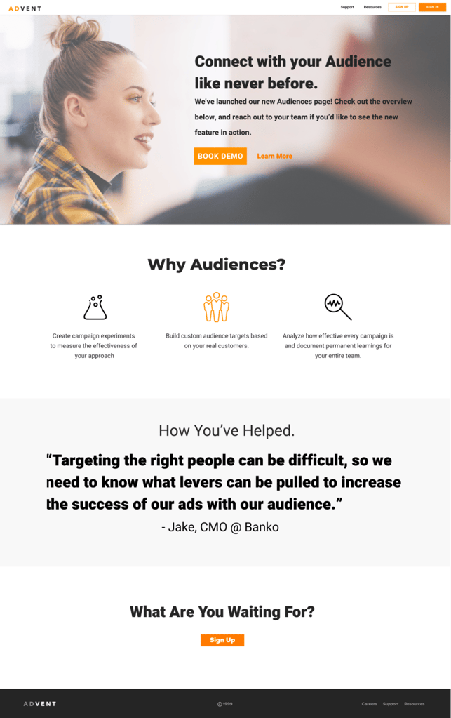 Advent’s product update page introduced the new Audience feature. 