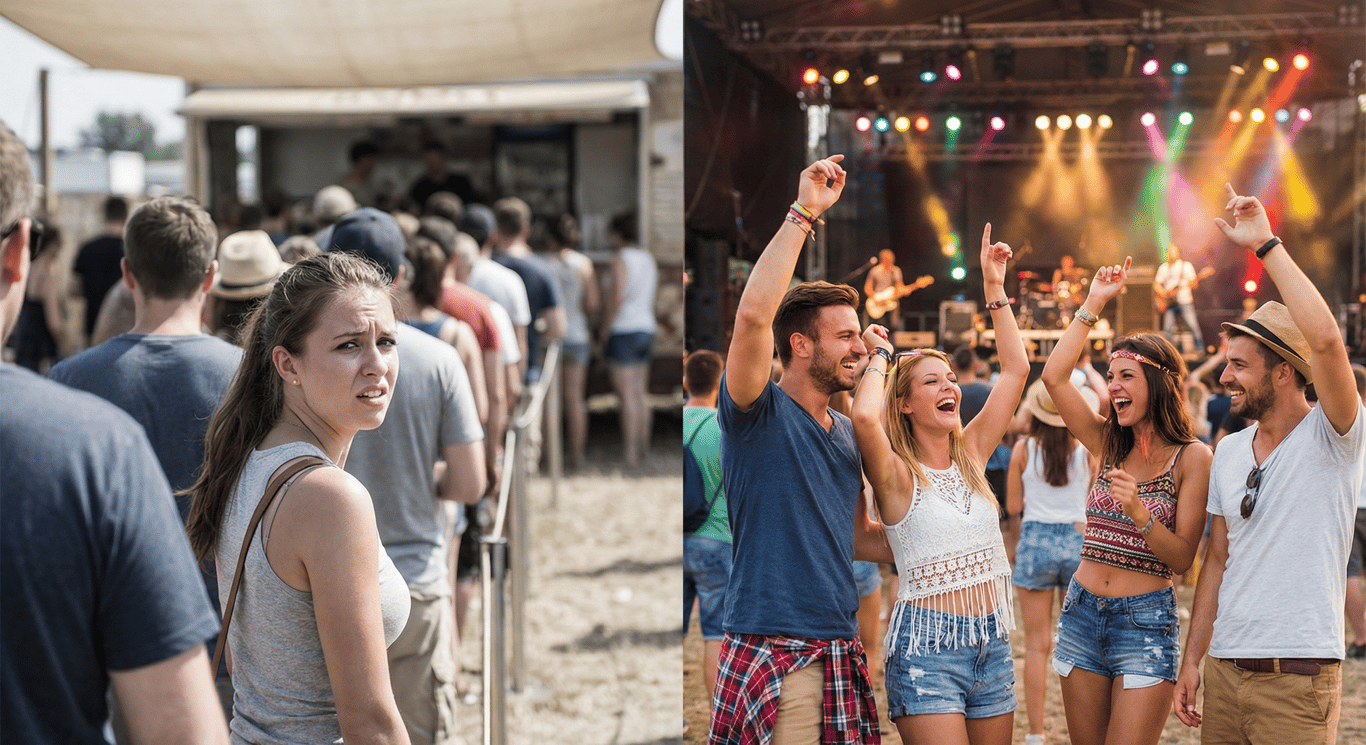 Before and after comparison: Festival attendee waiting in line vs using SLIPP app happily