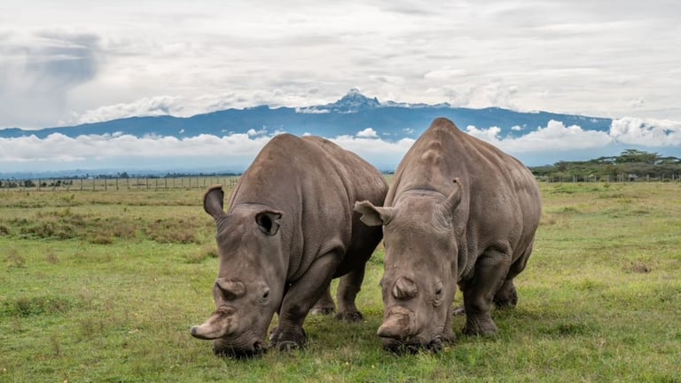 Two rhinos grazing on grassland with a mountain in the distance