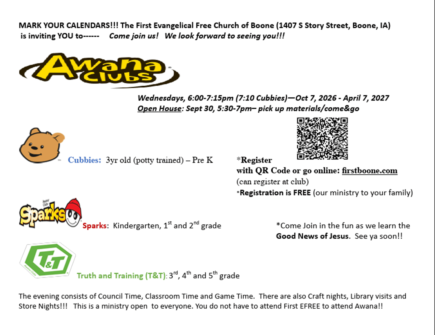 Join our friends at the Boone E-Free for AWANA for children 3 years old to 5th grade!