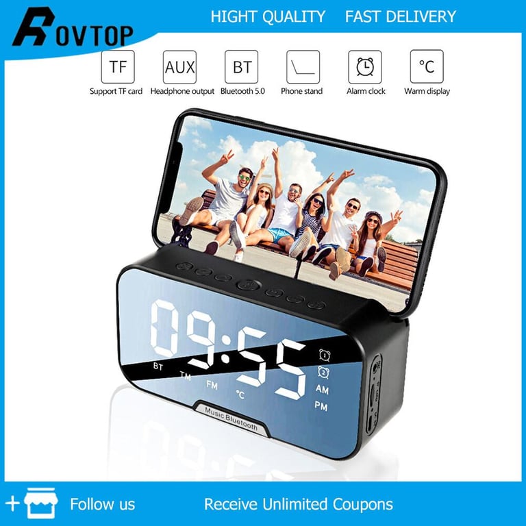Rovtop BT501 Portable Wireless Bluetooth Extra Speaker Bass LED Alarm ClockPortable Mini Speaker Super Bass Stereo Speakers Hands-free Calling Mirror Screen Alarm Clock for PC Laptop Phone