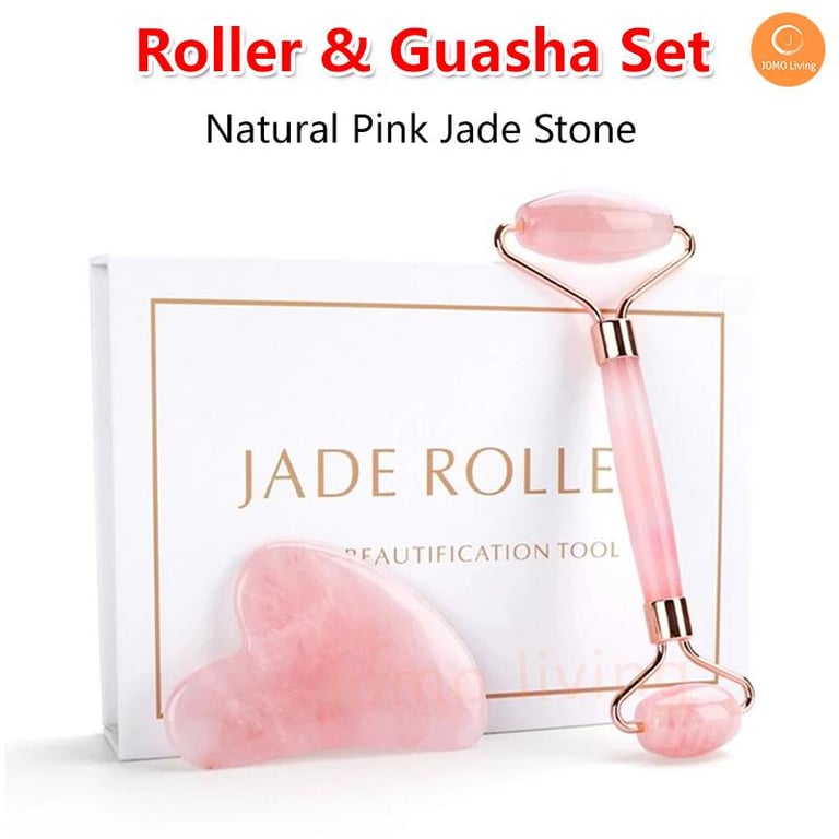 💖Christmas Gift💖 Pink Roller Natural Jade GuaSha Set Eyes Face Body Massage Rose Quartz Gua Sha Massager Face Eye Roller Gift Idea Face Roller 刮痧按摩器