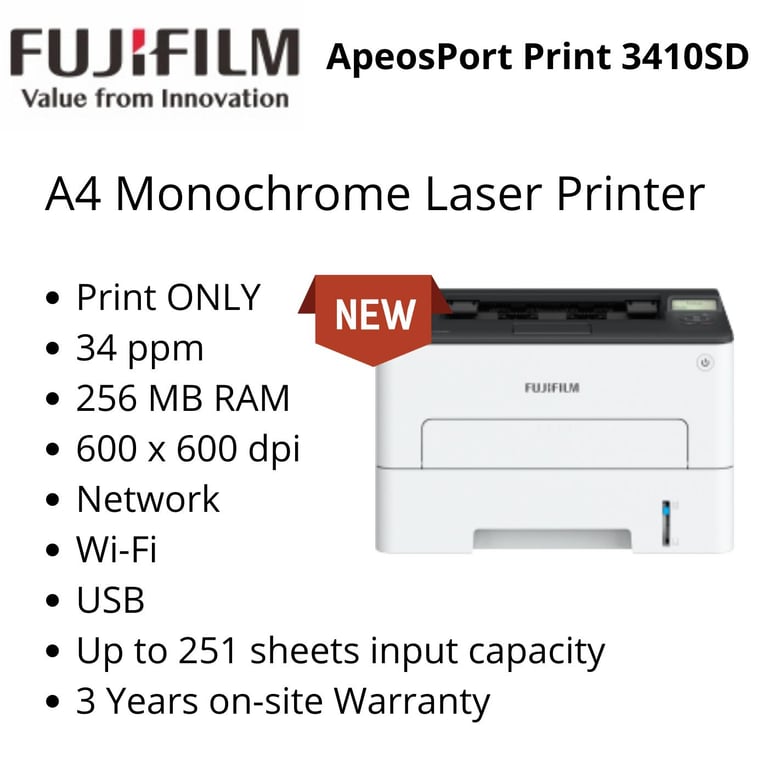 {NEW MODEL} Fujifilm former Fuji Xerox , ApeosPort Print 3410SD A4 Monochrome Laser Printer, 2 side Printing