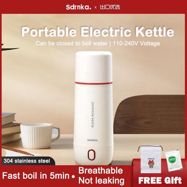 Japan Sdrnka Electric Kettle 110-240V Dual Voltage Portable Electric Heating Bottle 350ml Automatic Kettle Stainless Steel Heat Preservation Boiling Water Cup