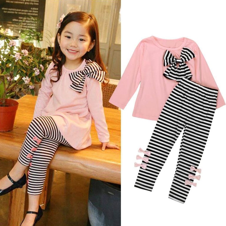 2Pcs T Shirt for Kids Girl Clothing Long Sleeve Bowknot Dress T-Shirt + Stripe Pants Set Pink