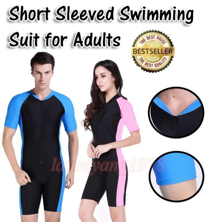 1pc Adults Swimming Suit Swimwear Swim Swimsuit Clothes Wear Costume Short Sleeve for Men Women Male Female, Onepiece Female Pink comes with Padding, One Piece Swimsuit Male Blue, One-Piece Sports Swimming Wear Woman Man