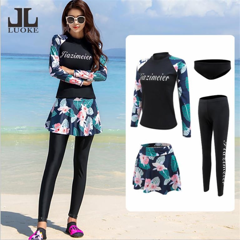 Luoke 4pcs swimming suit women Split swimsuit female skirt long-sleeved trousers sun protection conservative Korean ins wind