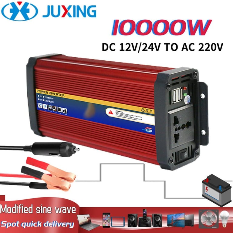 JUXING 10000W/8000W/6000W Power Inverter Portable Converter, DC12V/24 to AC, With Dual USB, 220V Universal Socket Modified Sine Wave Decoration Tool, As Emergency Equipment for Vehicle/ Truck /Home / Outdoor Use