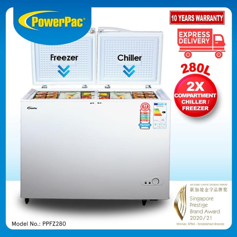 PowerPac 2 Door Chest Freezer CFC Free, Chiller & Freezer 280L  (PPFZ280)