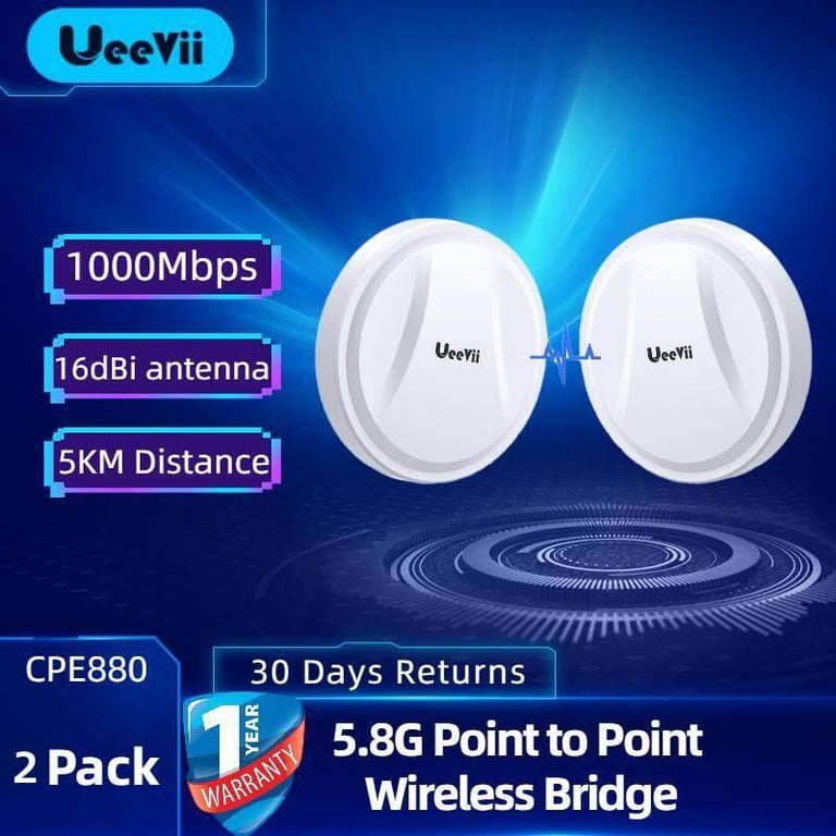 Round Wireless Bridge Gigabit, UeeVii CPE880 5.8G 1Gbps Point to Point WiFi Outdoor CPE with 16dBi High-Gain Antenna, Lang Range Up to 5KM, Plug and Play,24V PoE Power, IP65 Waterproof,2-Pack