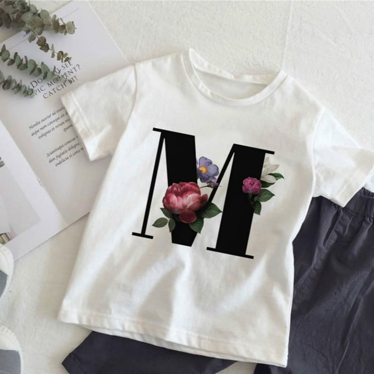 Flower English Alphabet New Cartoon Print Girls T Shirt Leisure Girl T-shirt Children Harajuku Boy Tees Kawaii Kids White Tops