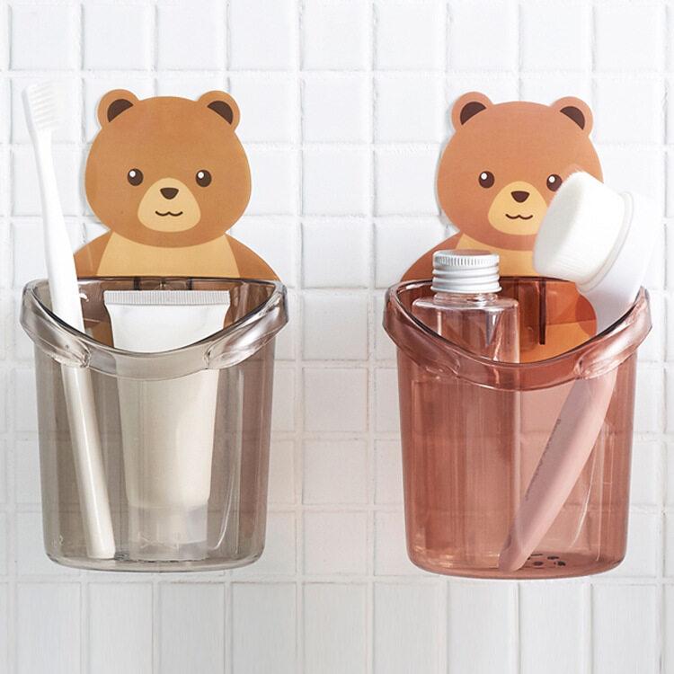 Teddy Bear Wall Mounted Toothbrush Holder Cup Free Punch Storage Rack Bathroom Supplies Organizer Bathroom Accessories