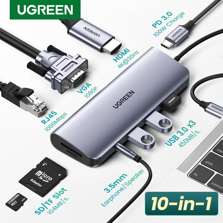 UGREEN USB-C 4K 30Hz/60Hz HUB Converter Adapter Multi USB 3.0 HDMI VGA RJ45 PD Adapter Dock For MacBook Pro Accessories USB-C Type C 3.1 Splitter