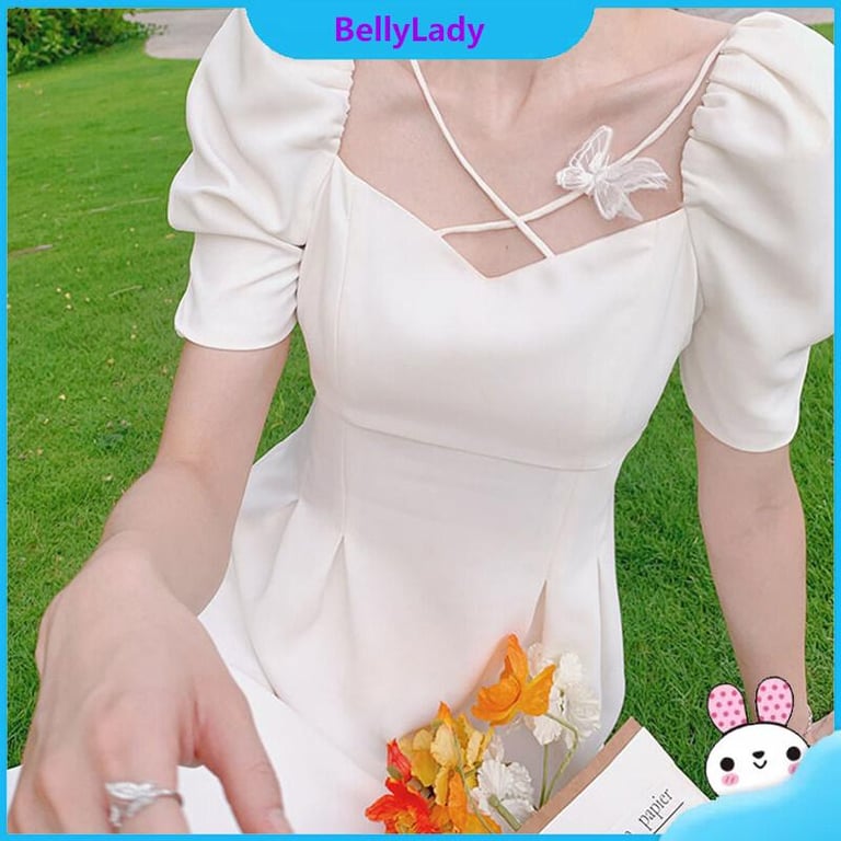 Women Dress Square Collar White Skirt Retro Puff Sleeve Waist-slimming Mid-length Dress