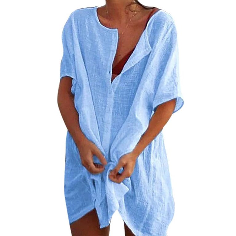 Cover Up Beachwear Women Solid Color Mid-length Loose Short-sleeved Soft Tropical Dress