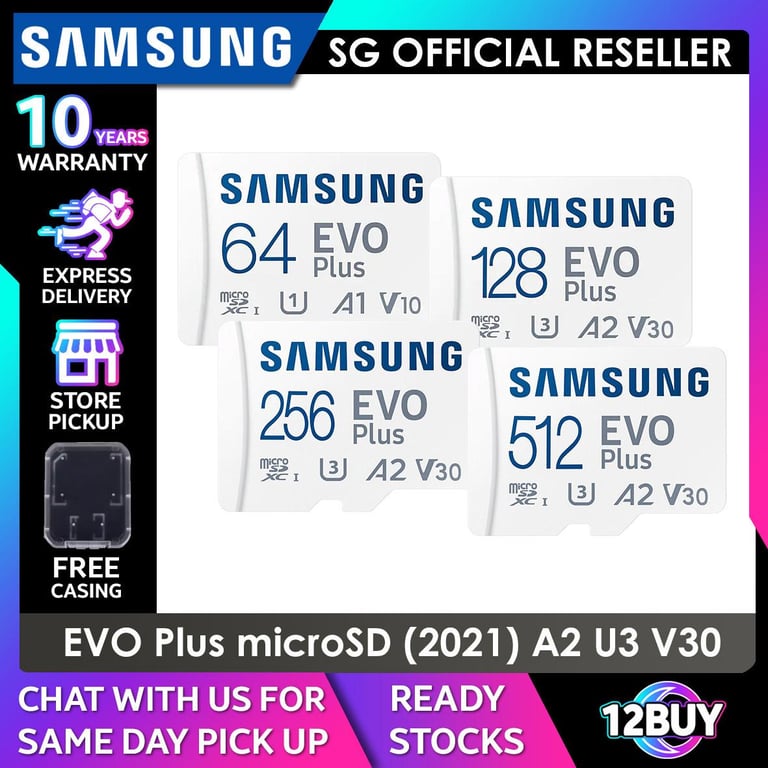 Samsung Evo Plus (2021) microSD Card 4K U3 V30 UHS-I C10 100MB/s Read Speed 60MB/s Write Speed 32GB 64GB 128GB 256GB 512GB MBMC 12BUY.MEMORY 10 Years SG Warranty