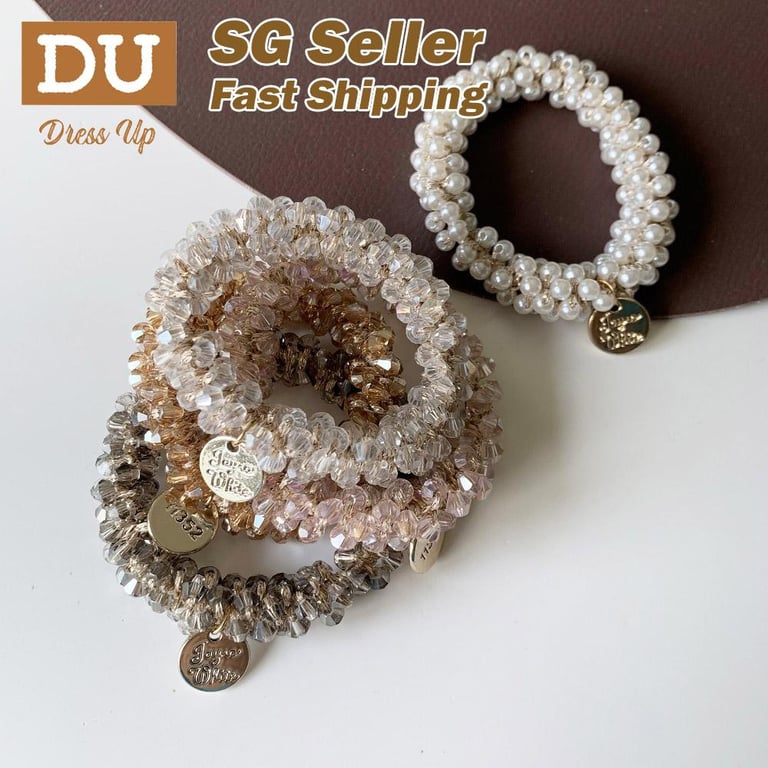 [SG | Firm & Anti Slip] Woman Elegant Faux Pearl Crystals Hair Ties Beads Girls Scrunchies Rubber Bands Ponytail Holders Hair Accessories Elastic Hair Band
