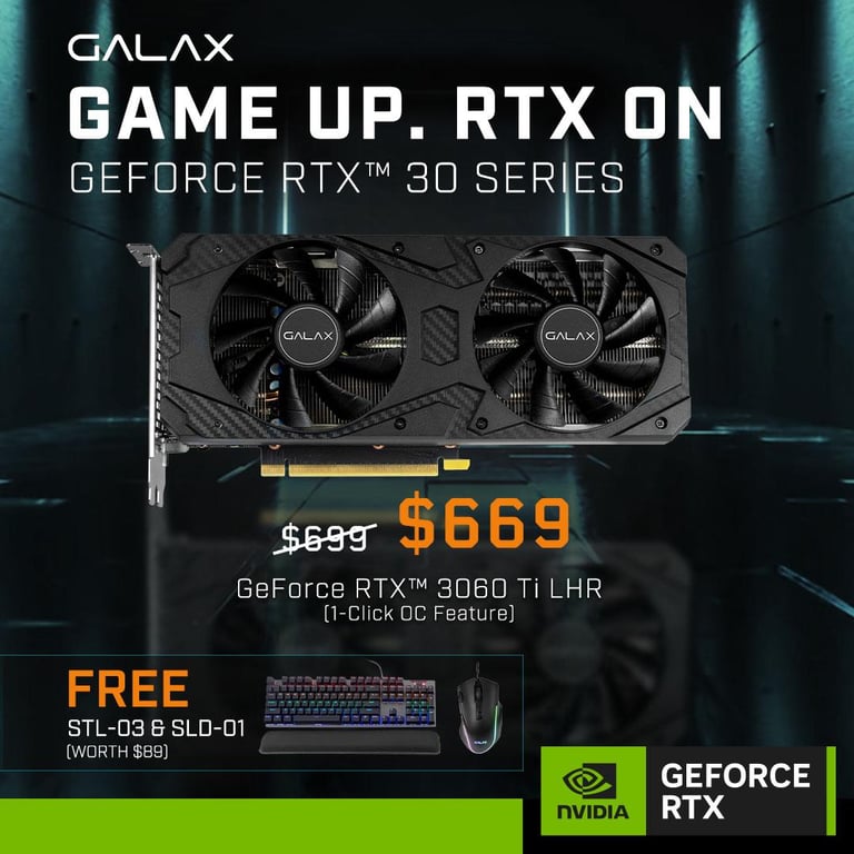 Galax Nvidia GeForce RTX™ 3060 Ti  3060Ti RTX 3060 3060 Ti RTX3060Ti 1-Click OC LHR 8GB GDDR6 256-bit DP*3/HDMI Ray-Tracing Graphics Card