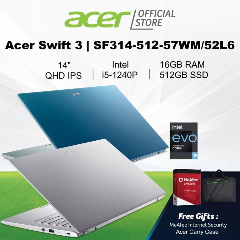 [12th Gen i5-1240P] Acer Swift 3 SF314-512-57WM/52L6 14-inch QHD IPS 300 Nits 100% sRGB laptop | 16GB RAM