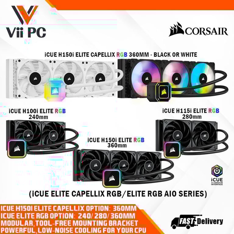 Corsair iCUE H150i ELITE CAPELLIX RGB, Corsair iCUE H100i, H115i, H150i Elite RGB Liquid CPU Cooler, Corsair iCue AIO