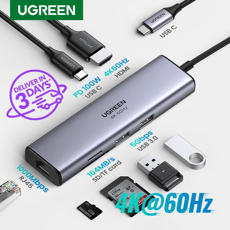 UGREEN 4K 60Hz USB C Hub USB C Dongle Adapter with PD 100W RJ45 HDMI 2.1 HDR10 Output 3 USB 3.0 Ports,Support DP1.4, SD/Micro SD Card Reader Compatible for MacBook Pro Air HP XPS and More Type C Devices