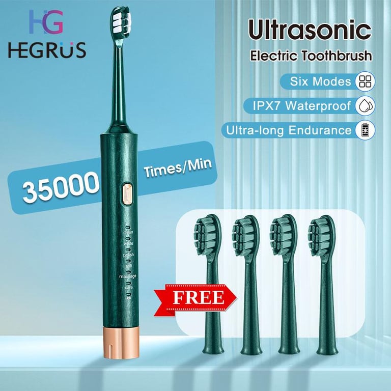 HEGRUS Electric Toothbrush Ultrasonic IPX7 Waterproof Toothbrush USB Rechargeable Toothbrush Long-lasting Endurance Electric Toothbrush Tartar Remover Portable Personal Dental Care with 5 Replacement Brush Heads electric toothbrush rechargeable