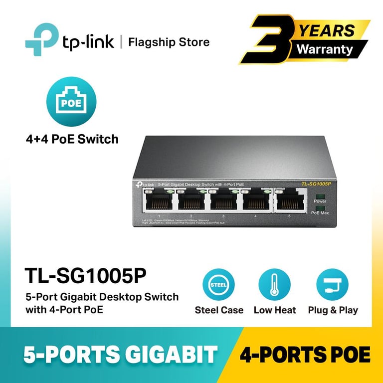 TP-LINK TL-SG1005P 5-Port Gigabit Desktop PoE Switch, 5 Gigabit Ports including 4 PoE ports, 802.3af, 56W PoE Power, Desktop Steel Case