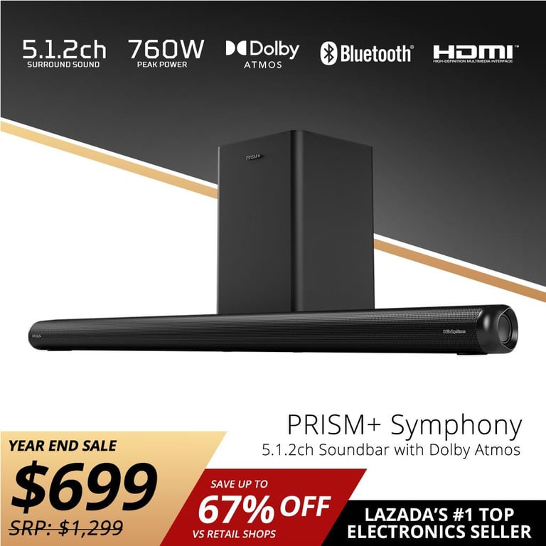 PRISM+ Symphony 5.1.2ch Soundbar with Dolby Atmos | 760W | Wireless Subwoofer | Wireless Music Streaming | Bluetooth 5.0