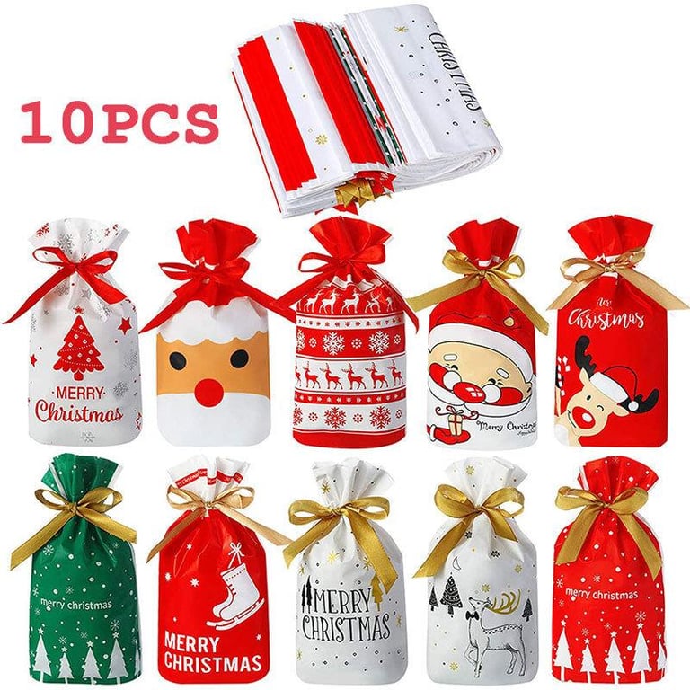 10pcs Santa Gift Pouch Candy Bag Snowflake Drawstring Bag Merry Christmas Decorations for Home New Year Noel Presents
