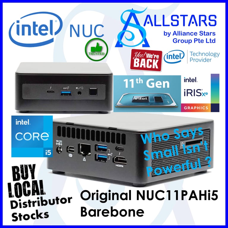 (ALLSTARS : We are Back PROMO) Intel NUC11PAHi5 / NUC11PAHi50Z00 / NUC11PAH NUC Mini PC Barebone (Intel Core i5-1135G7 / HDMI 2.0a; USB-C (DP1.4); MiniDP 1.4 / 2x front (Type-A, C) and 3x rear USB 3.1 Gen2 (2x Type-A, C) / WIFI6 + BT5.0) Wrty 3yrs w/Intel