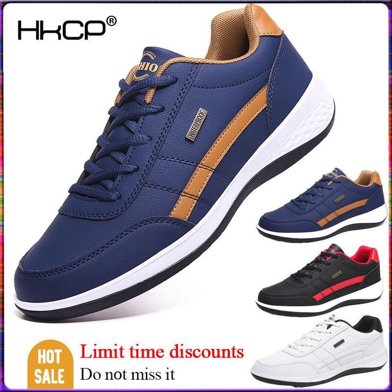 HKCP White Shoes For Men Plus Size 39-47 Leather Black Sneakers Mens Shoes Breathable Fashion Low Cut Casual Running Shoes For Men On Sale