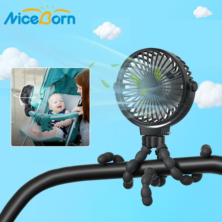 NiceBorn Mini Stroller Fan Crib Fan Hand-held Fan Rechargeable Strong Wind Cooler USB Tripod Mini Fan 1200mAh Battery Adjustable Octopus Shape Tripod Head For Home School Office