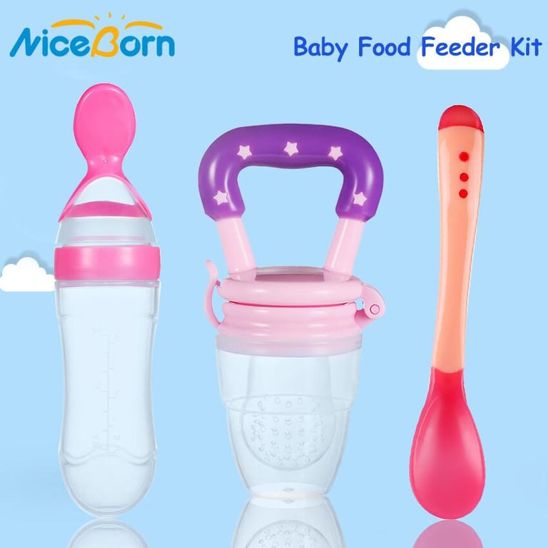 NiceBorn 3PCS Baby Food Feeder Kit Squeeze Feeding Bottle with Spoon Baby Bite Pacifier Temperature Spoon Fruit Vegetable Feeder Squeezing Food Bottles Rice Paste Juice Feeder Infant Fruit Feeder Pacifier Teething Toy