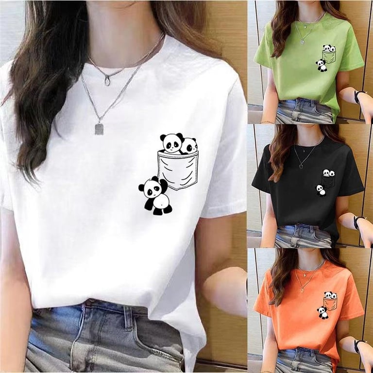 新年衣服女装上衣新款Women Short Sleeve Top Summer New pocket panda Cartoon Printed T-shirt korean fashion women tops  Loose round neck t shirt women